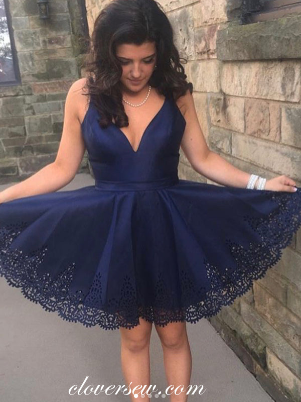 Navy Satin Lace Applique V-neck Homecoming Dresses, CH0032