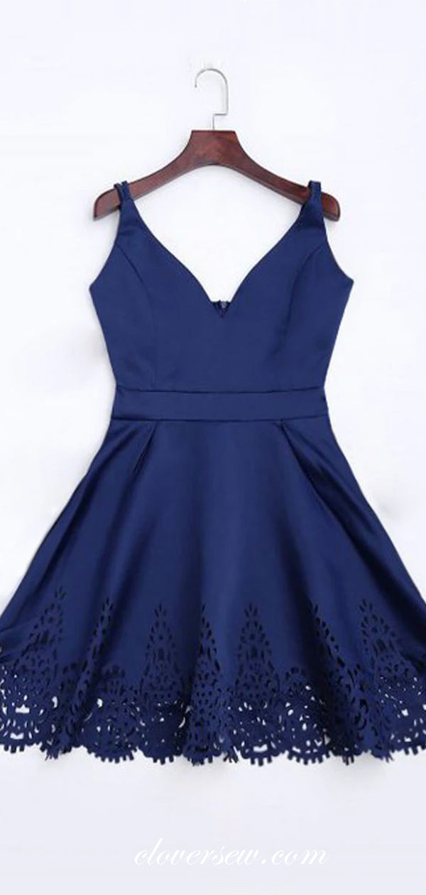 Navy Satin Lace Applique V-neck Homecoming Dresses, CH0032