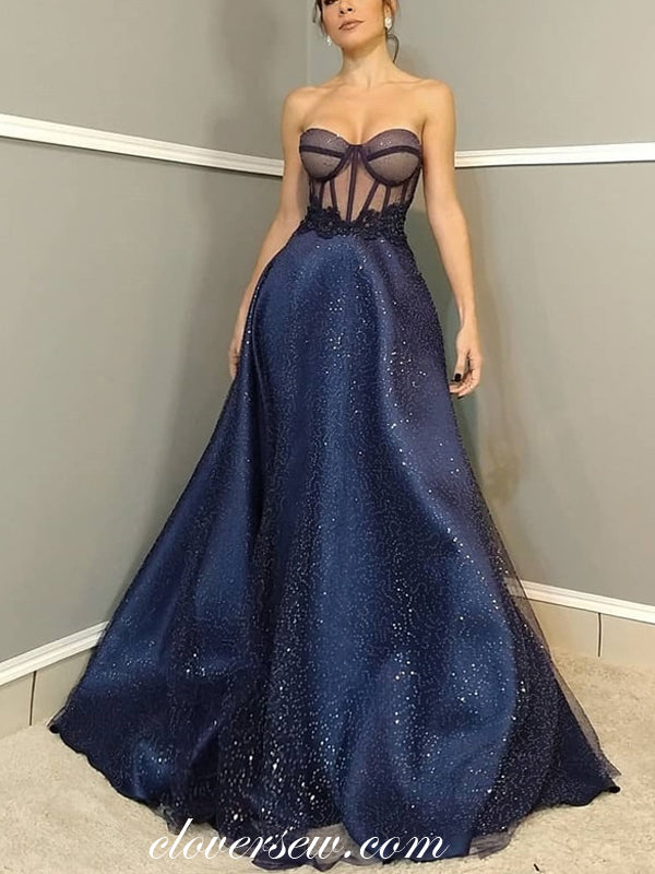 Navy Shiny Sequin Tulle Sexy See Through A-Line Formal Dresses, CP0638 US0 / As Pic Navy Shiny Sequin Tulle Sexy See Through A-Line Formal Dresses, CP0638 US0 / As Pic