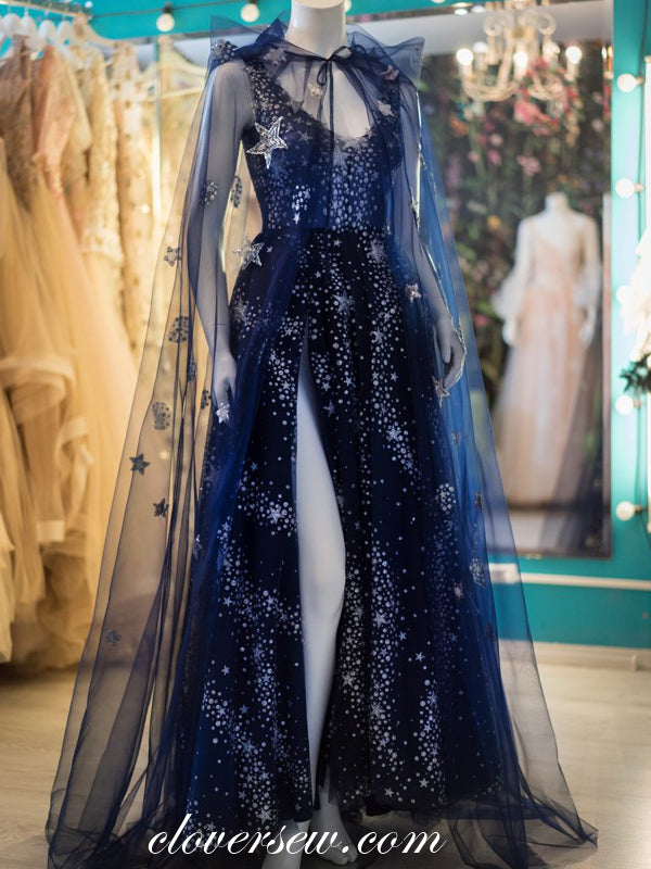 Navy Starry Night With Shawl High Site Prom Dresses, CP0691 clover sew Navy Starry Night With Shawl High Site Prom Dresses, CP0691 clover sew