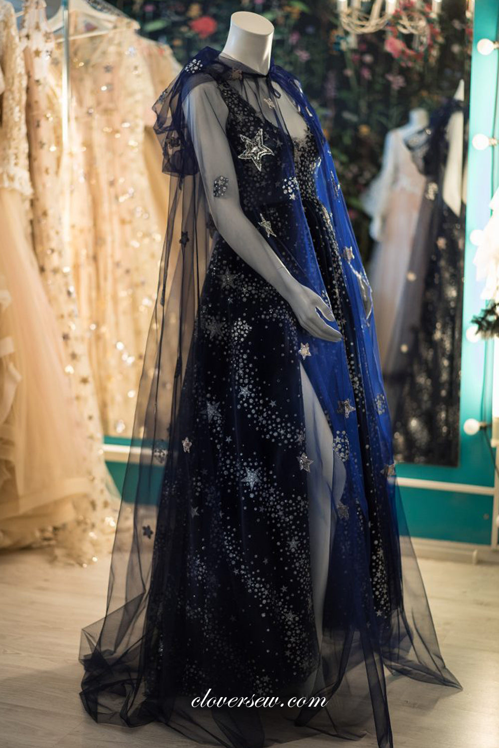 Navy Starry Night With Shawl High Site Prom Dresses, CP0691
