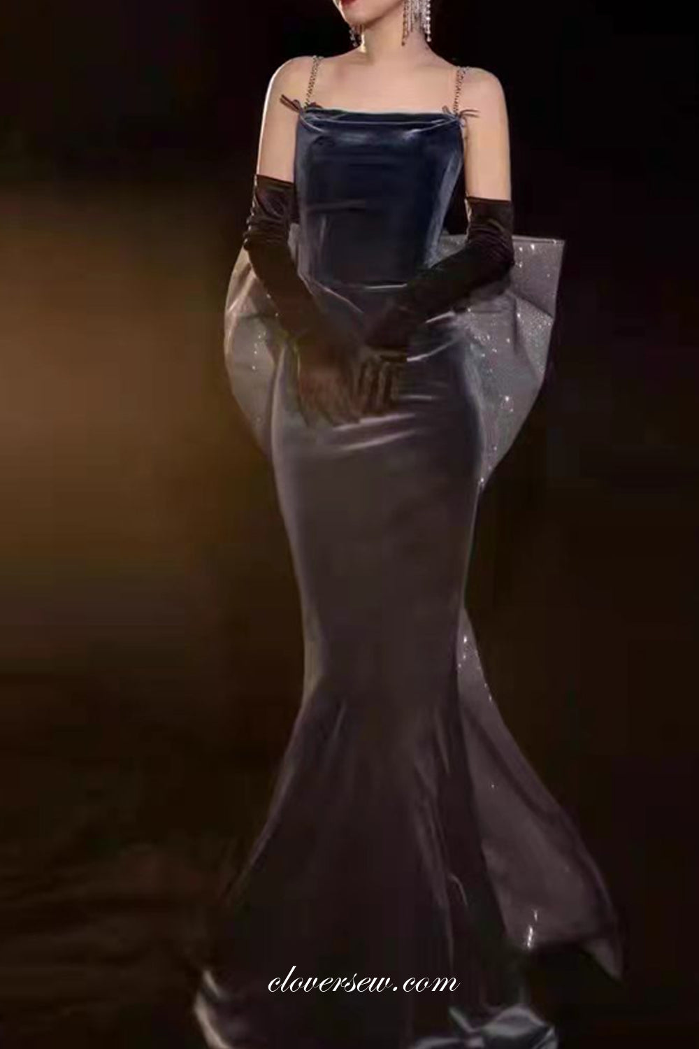 Navy Velvet Sheath With Shiny Bow Train Backless Evening Dresses, CP0796
