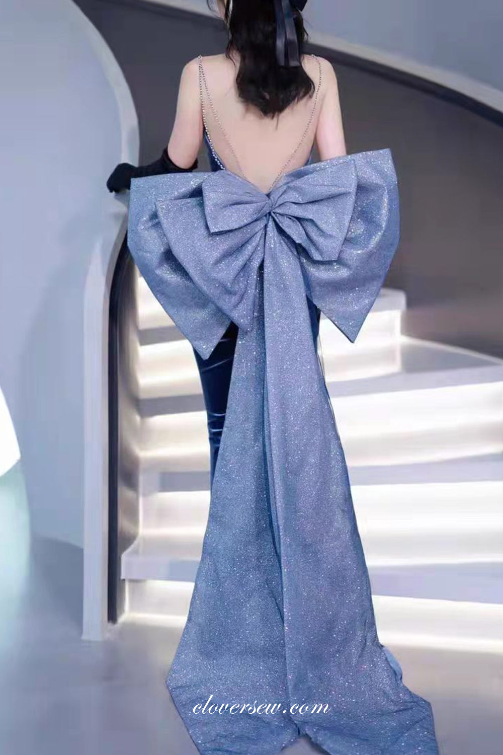Navy Velvet Sheath With Shiny Bow Train Backless Evening Dresses, CP0796