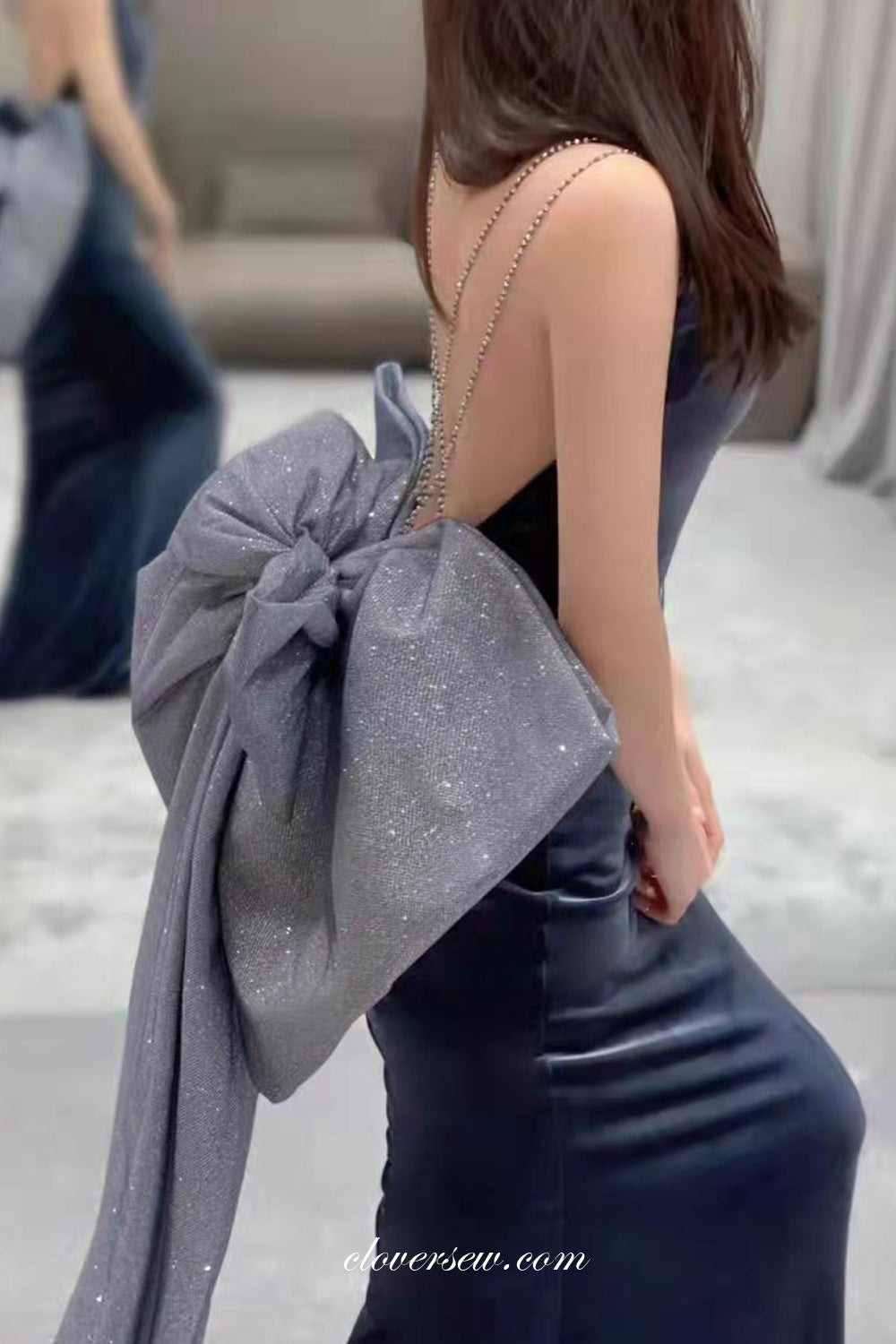 Navy Velvet Sheath With Shiny Bow Train Backless Evening Dresses, CP0796