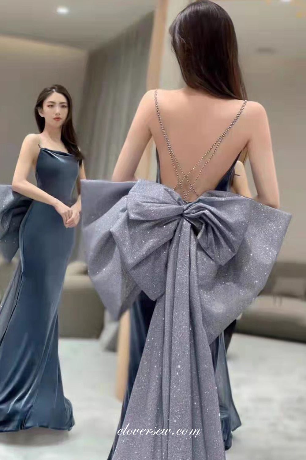 Navy Velvet Sheath With Shiny Bow Train Backless Evening Dresses, CP0796