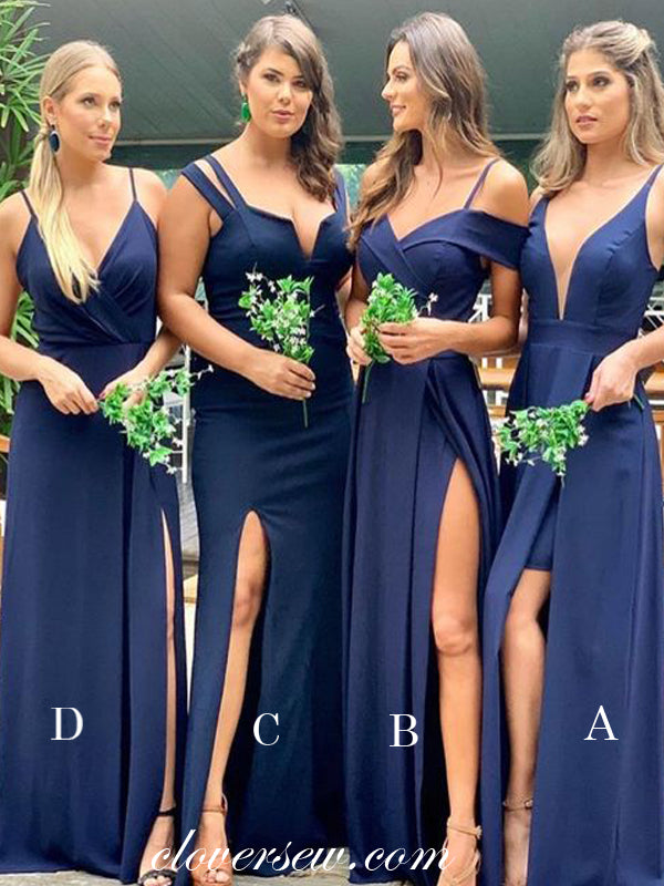 navy mismatched bridesmaid dresses 2 Piece Cheap Sequins Navy Blue Maxi Mismatched Bridesmaid Dresses with Sleeves PB10114