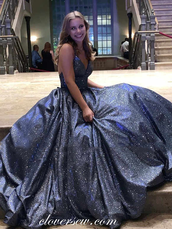 Navy Shiny Satin V-neck Spaghetti Strap A-line Prom Dresses,CP0281 clover sew Navy Shiny Satin V-neck Spaghetti Strap A-line Prom Dresses,CP0281 clover sew