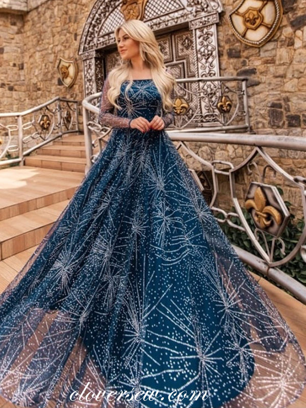 Navy Starry Night Lace Long Sleeves A-line Prom Dresses,CP0345 Navy Starry Night Lace Long Sleeves A-line Prom Dresses,CP0345