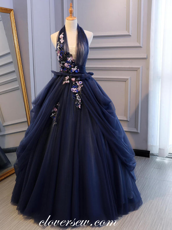 Navy Tulle Appliques Halter Gorgeous Ball Gown Prom Dresses, CP0026 clover sew Navy Tulle Appliques Halter Gorgeous Ball Gown Prom Dresses, CP0026 clover sew