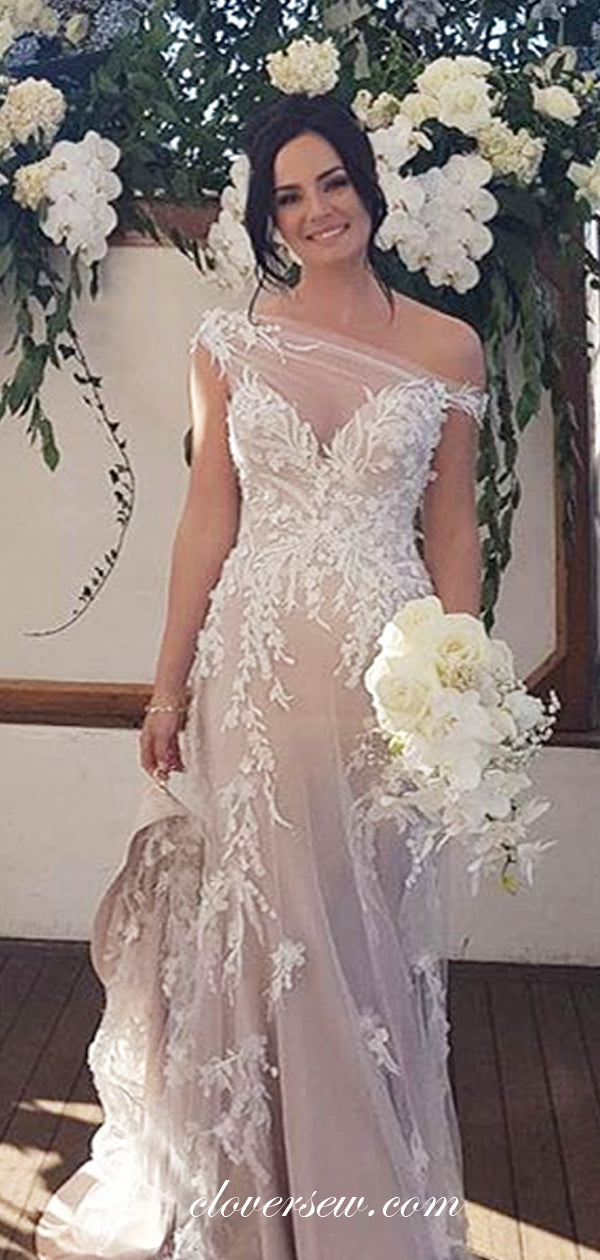Nude Lace Applique Off The Shoulder Sheath Wedding Dresses, CW0188