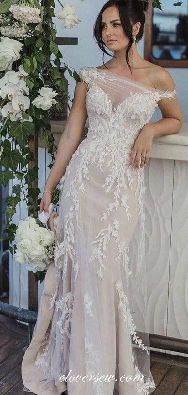 Nude Lace Applique Off The Shoulder Sheath Wedding Dresses, CW0188