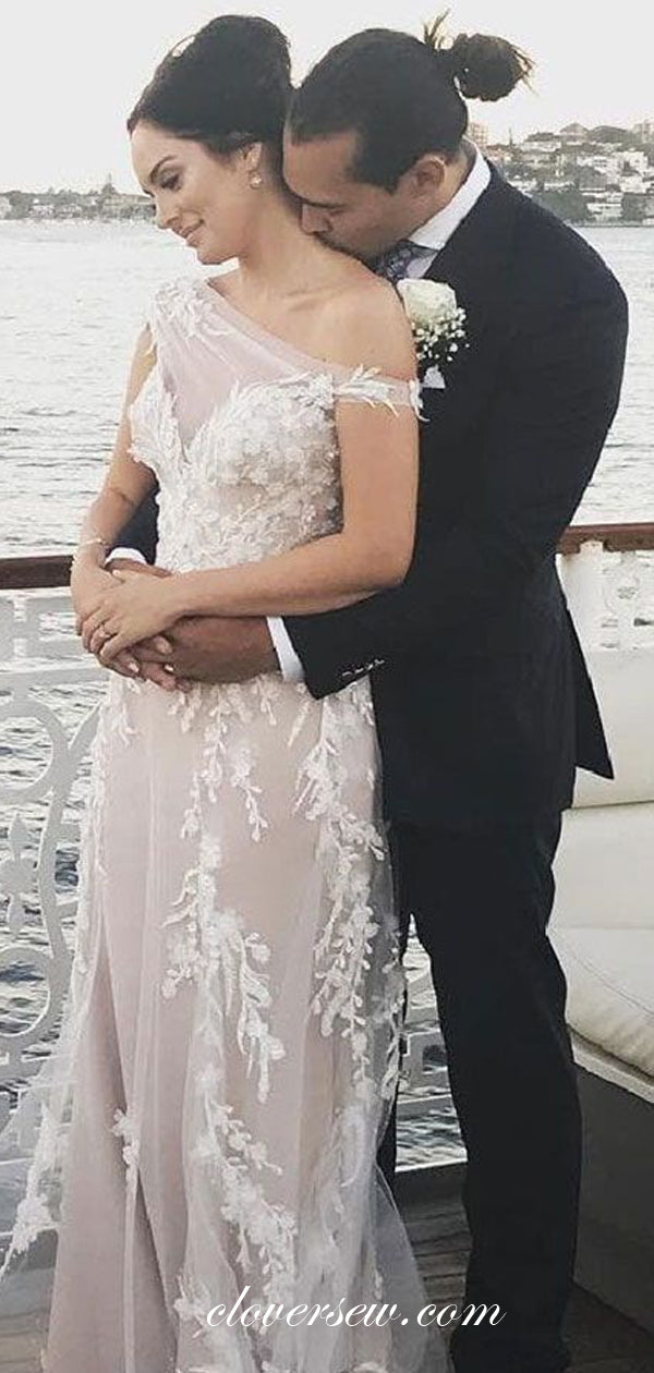 Nude Lace Applique Off The Shoulder Sheath Wedding Dresses, CW0188
