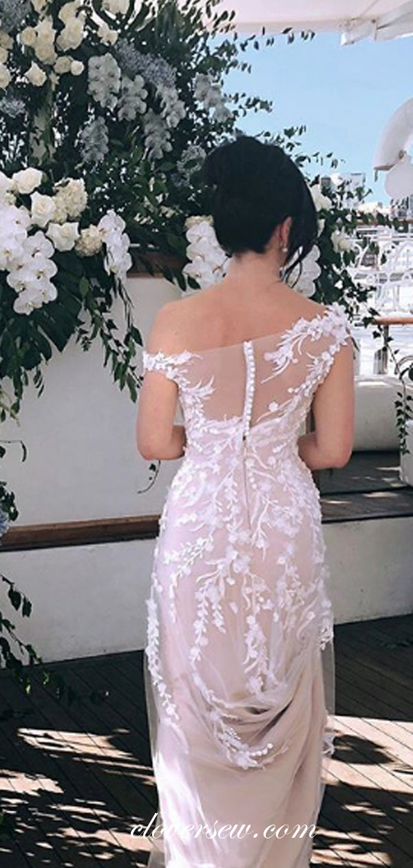Nude Lace Applique Off The Shoulder Sheath Wedding Dresses, CW0188