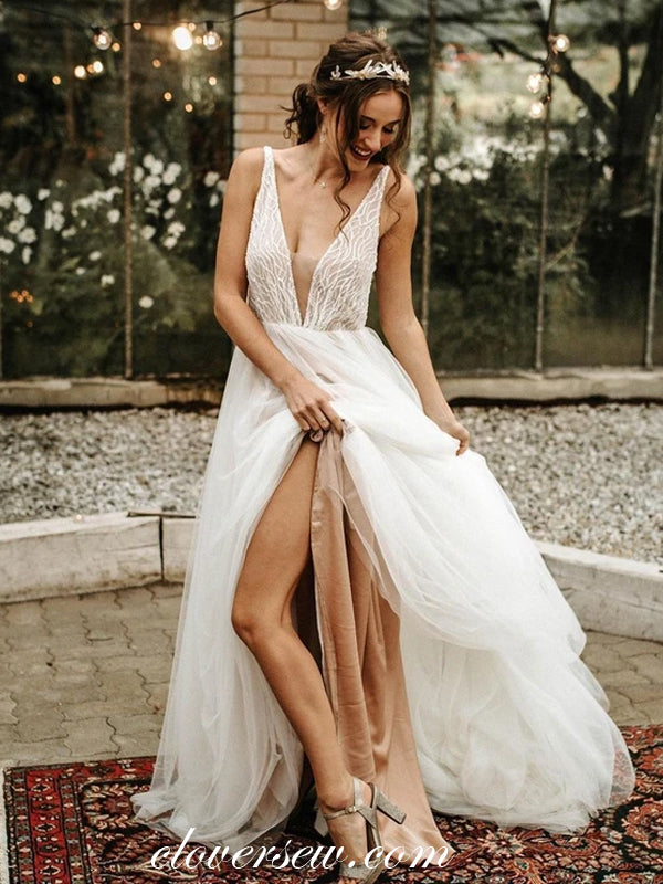 Nude Lining V-Neck Side Slit Fashion Wedding Dresses, CW0203 US14 / Custom Color(Leaving A note) Nude Lining V-Neck Side Slit Fashion Wedding Dresses, CW0203 US14 / Custom Color(Leaving A note)