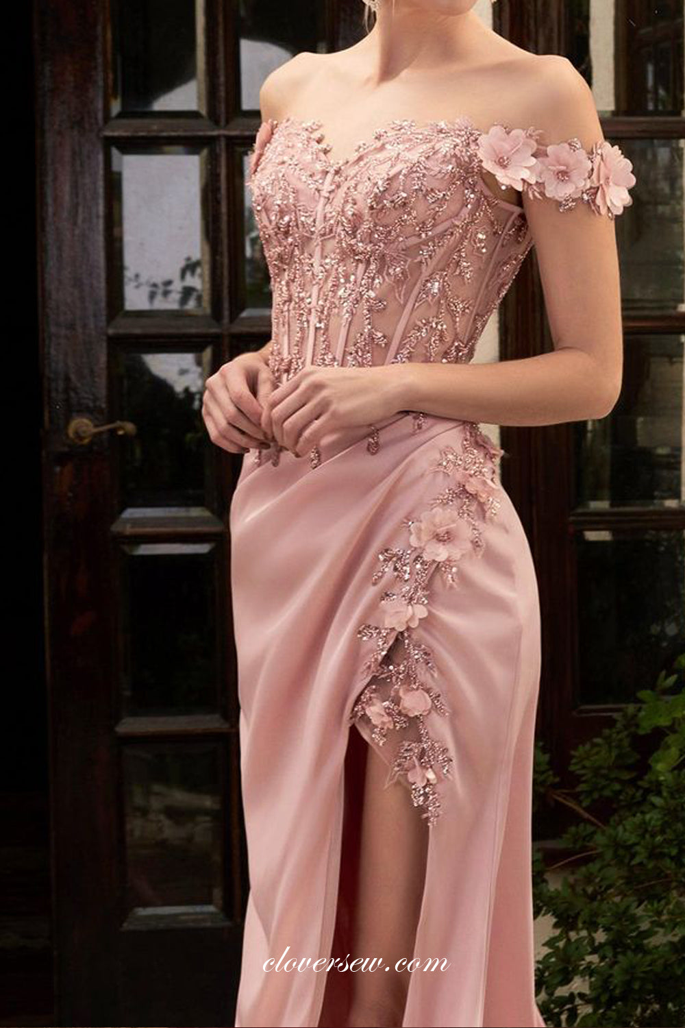 Nude Pink 3D Applique Beaded Off The Shoulder Side Slit Prom Dresses, CP0904