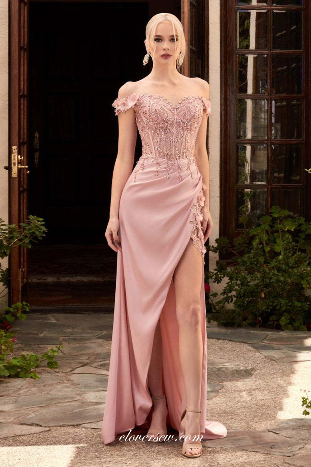 Nude Pink 3D Applique Beaded Off The Shoulder Side Slit Prom Dresses, CP0904