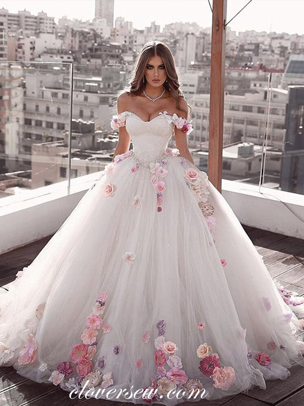 embroidered lace applique ball gown wedding dress Off-the-Shoulder Floor-Length Tulle Ball Bridal Wedding Gown with Lace Applique