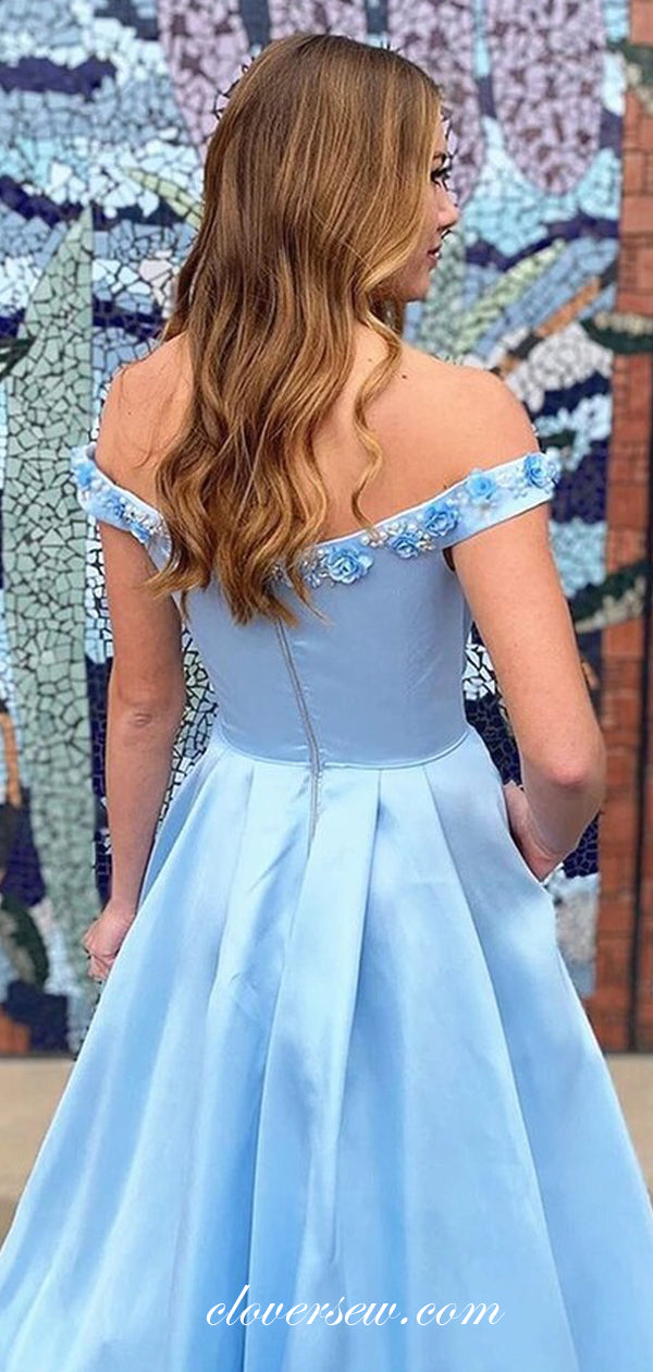 Off The Shoulder Blue Satin Applique A-line Prom Dresses, CP0548