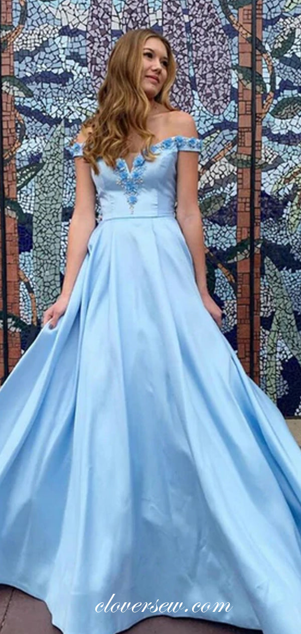 Off The Shoulder Blue Satin Applique A-line Prom Dresses, CP0548