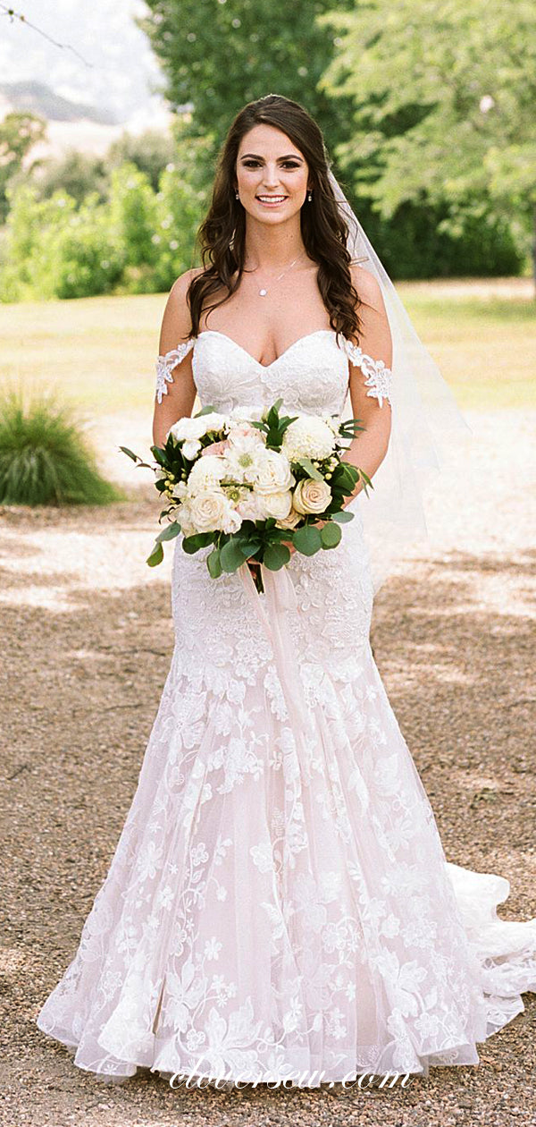 Off The Shoulder Lace Mermaid With Train Wedding Dresses, CW0225