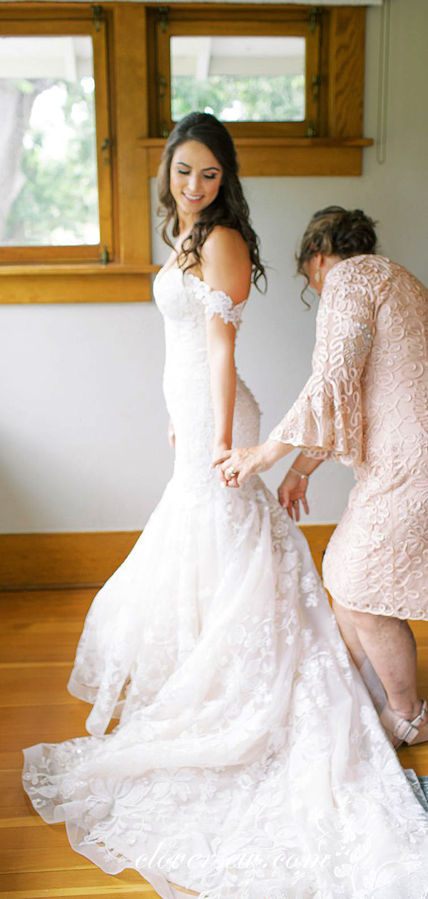 Off The Shoulder Lace Mermaid With Train Wedding Dresses, CW0225