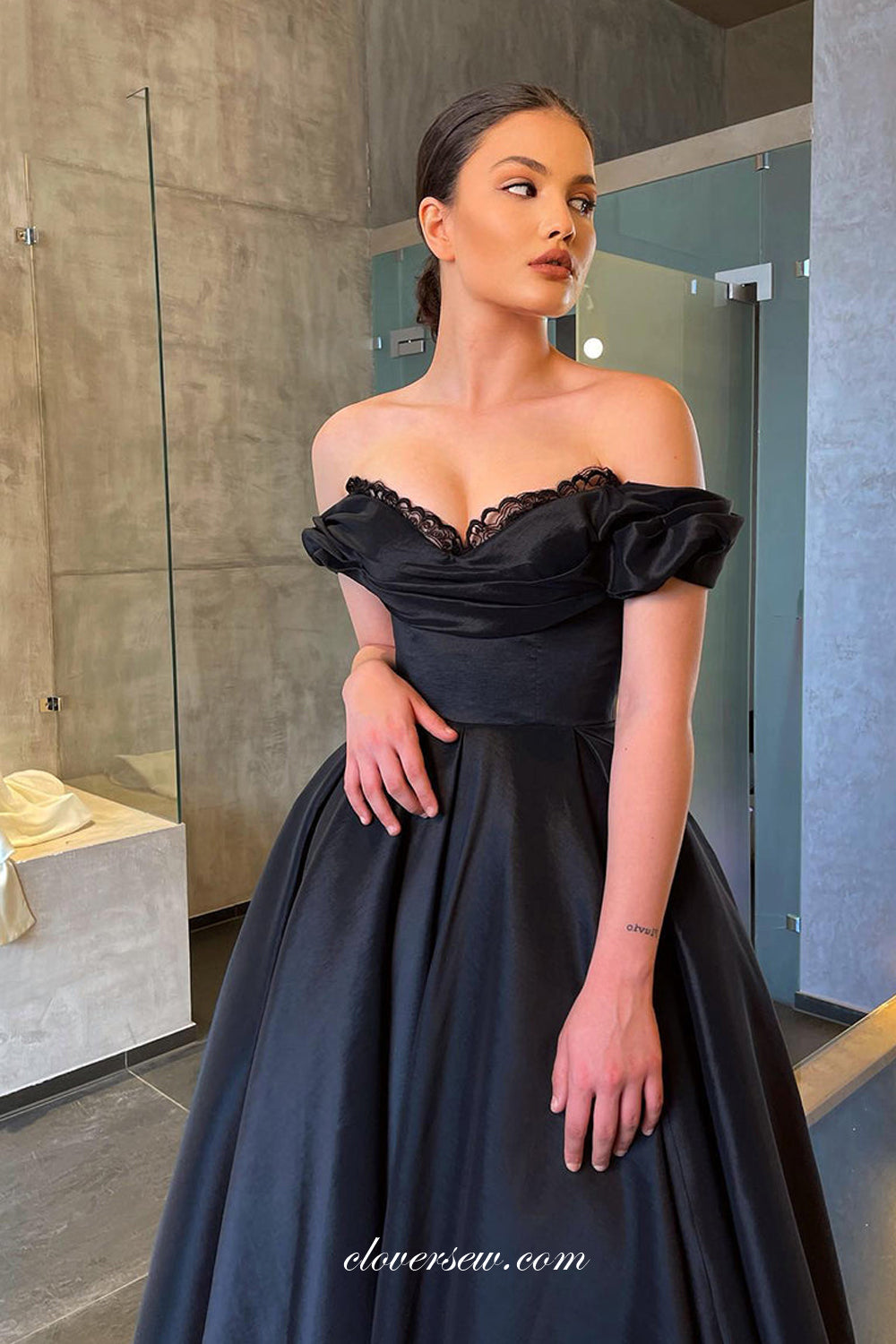 Off The Shoulder Lace Satin A-line Charming Ankle-length Prom Dresses, CP0942