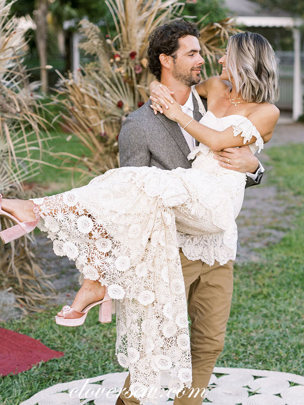 off the shoulder lace sheath wedding dress Davinci Bridal 50664 Off the Shoulder Beaded Lace Mermaid Weddings Dress Sheer Train 16 / Ivory/Ivory