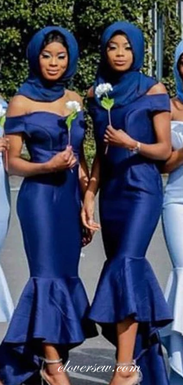 Off The Shoulder Mermaid High Low Blue Bridesmaid Dresses, CB0205