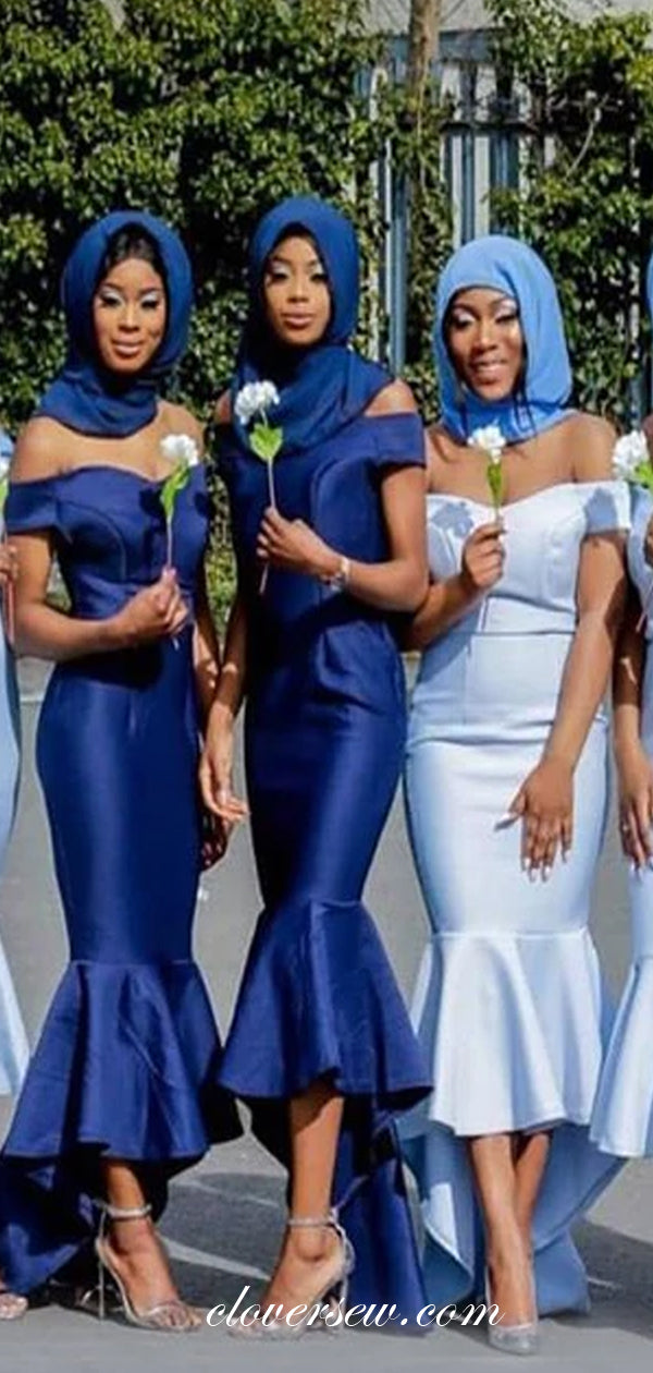 Off The Shoulder Mermaid High Low Blue Bridesmaid Dresses, CB0205