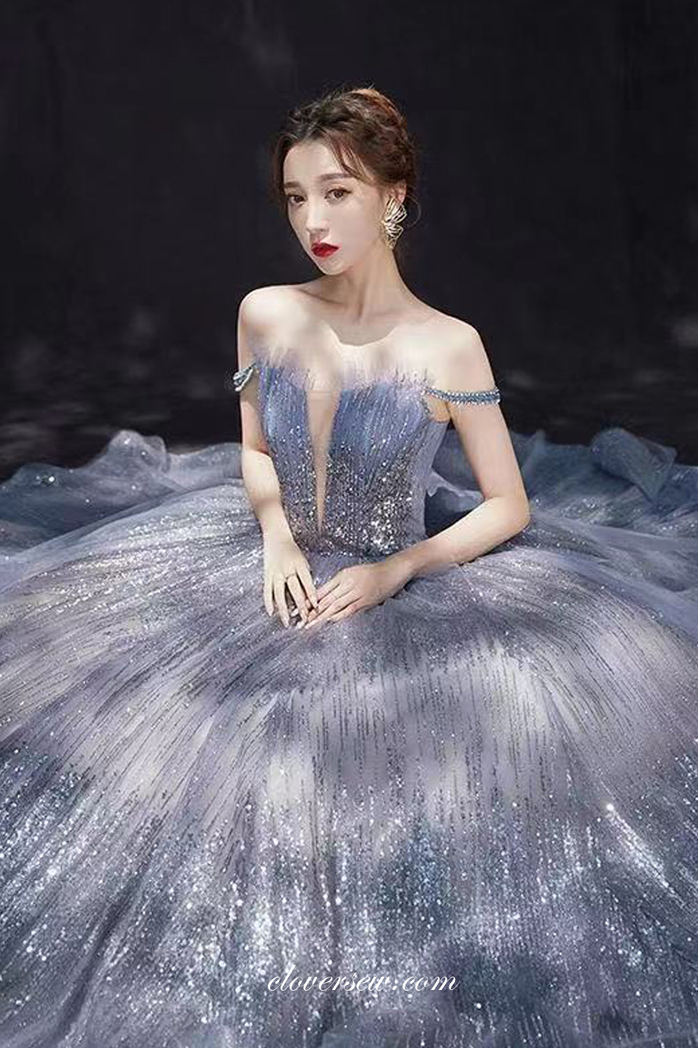Off The Shoulder Silver Sequined Tulle A-line Prom Dresses, CP0714