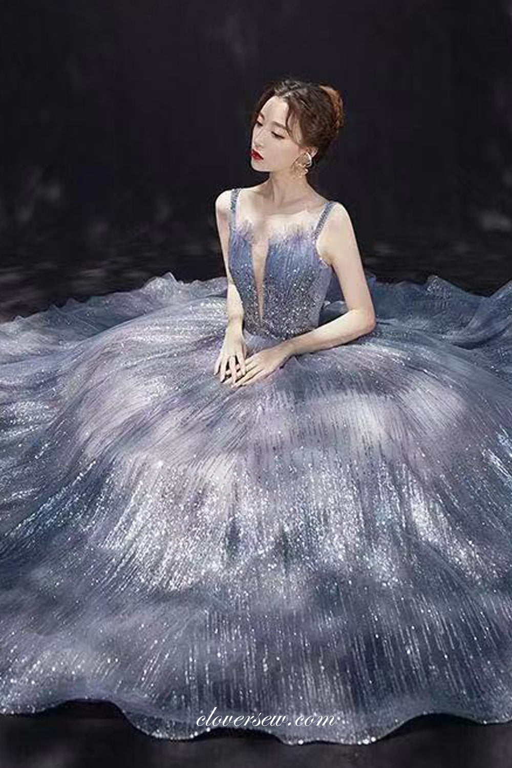 Off The Shoulder Silver Sequined Tulle A-line Prom Dresses, CP0714