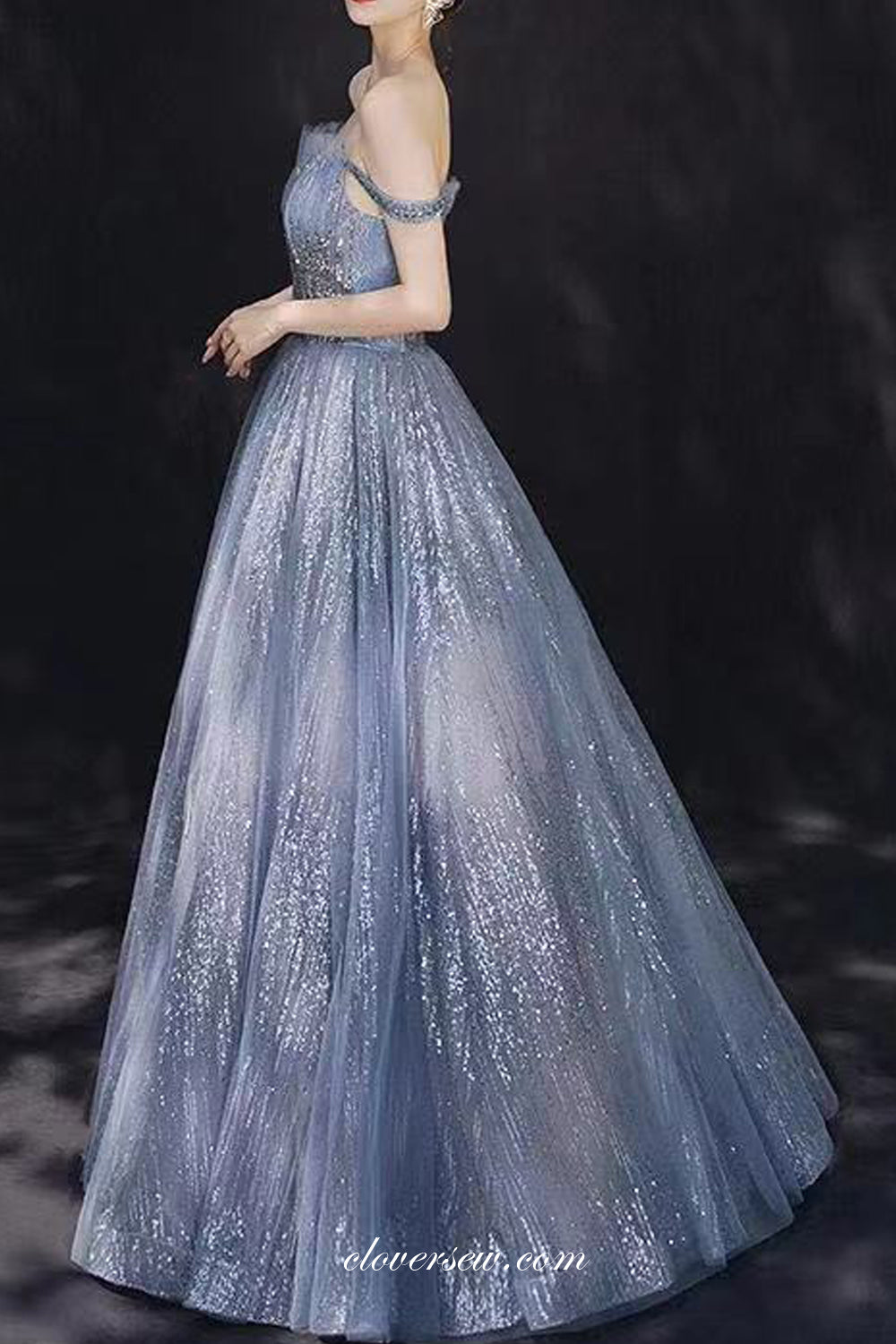 Off The Shoulder Silver Sequined Tulle A-line Prom Dresses, CP0714