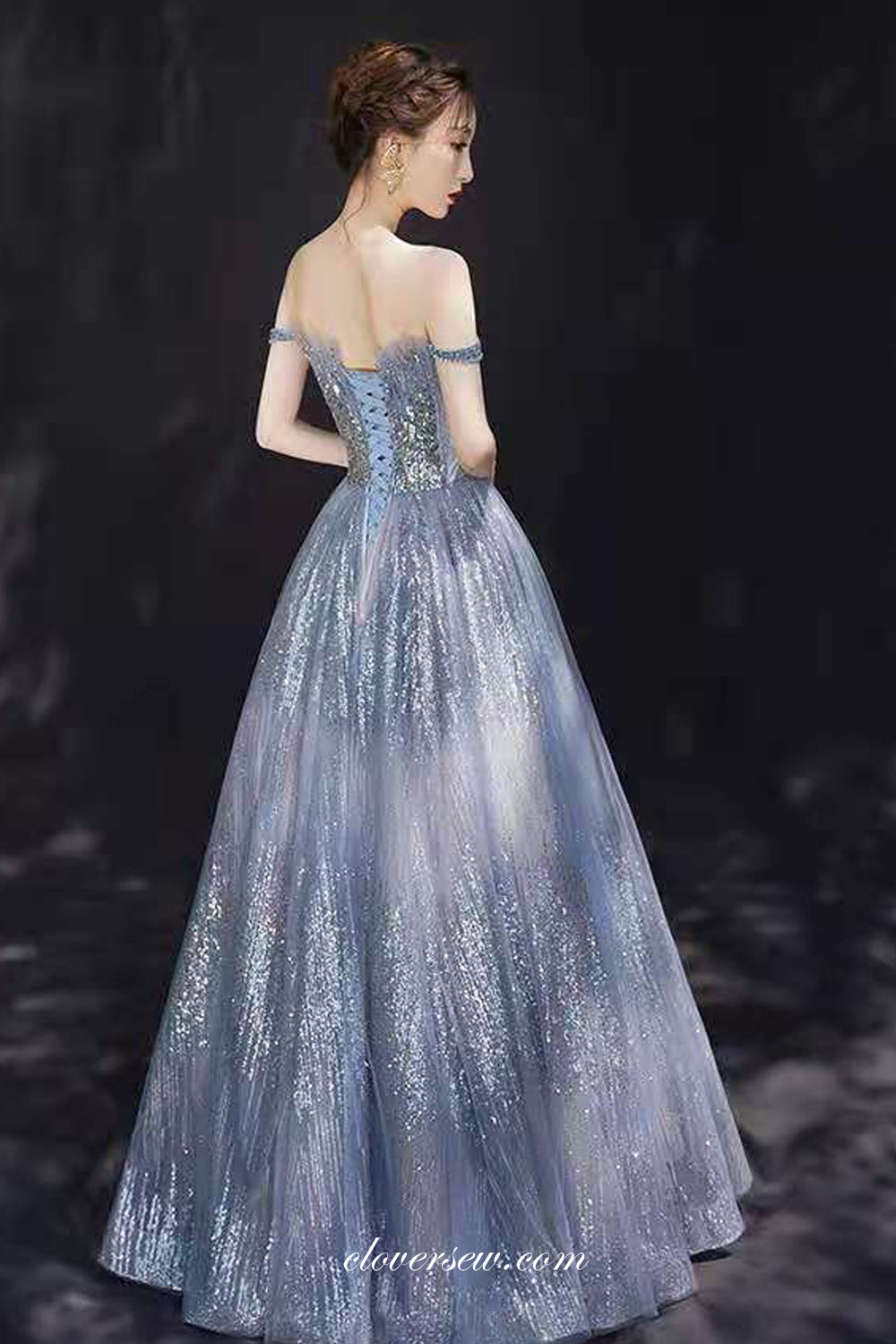 Off The Shoulder Silver Sequined Tulle A-line Prom Dresses, CP0714