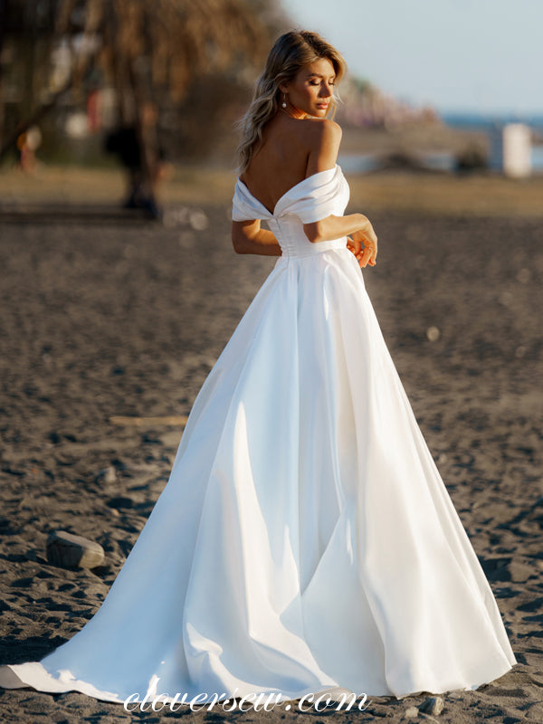 Off The Shoulder White Satin Pleating Top A-line Wedding Dresses, CW0330