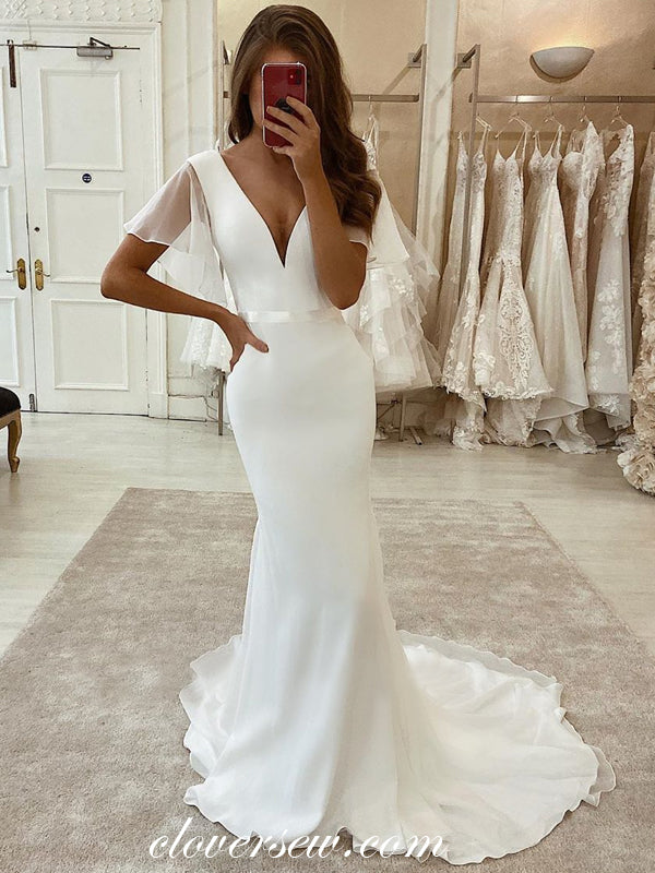 white mermaid dress Off White Chiffon Satin Short Sleeves Mermaid Wedding Dresses,CW0181 US16 / Custom Color(leaving a note)