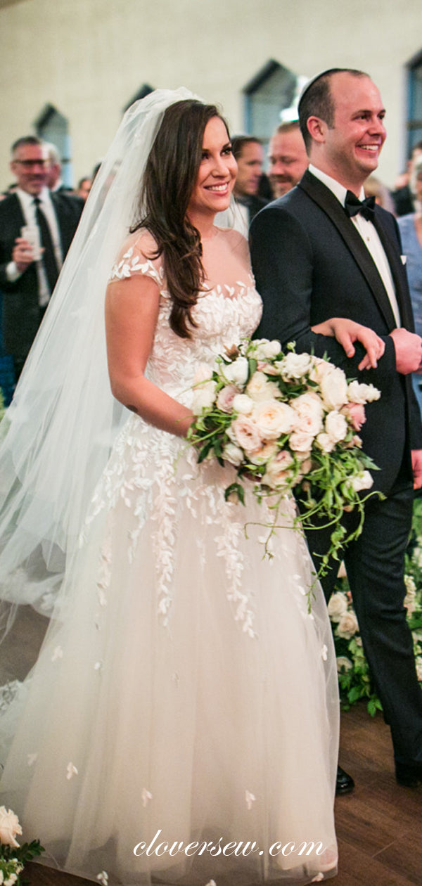 Off White Lace Tulle Cap Sleeves A-line Wedding Dresses ,CW0167