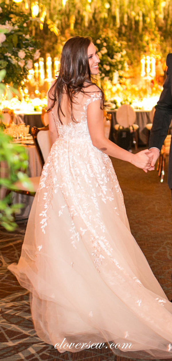 Off White Lace Tulle Cap Sleeves A-line Wedding Dresses ,CW0167