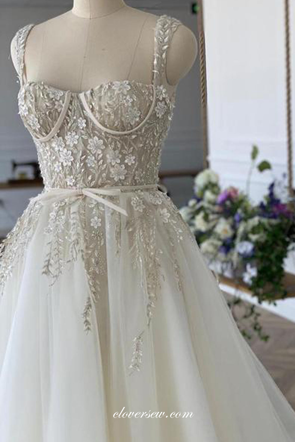 Off White Lace Tulle French A-line Sleeveless Wedding Dresses ,CW0289