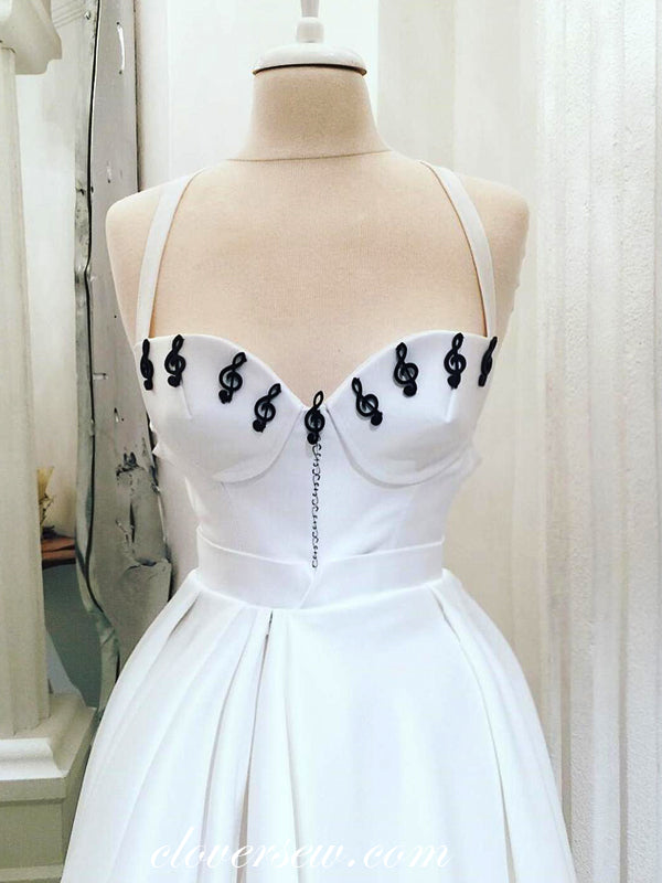 Off White Satin Black Applique High Slit Prom Dresses, CP0507