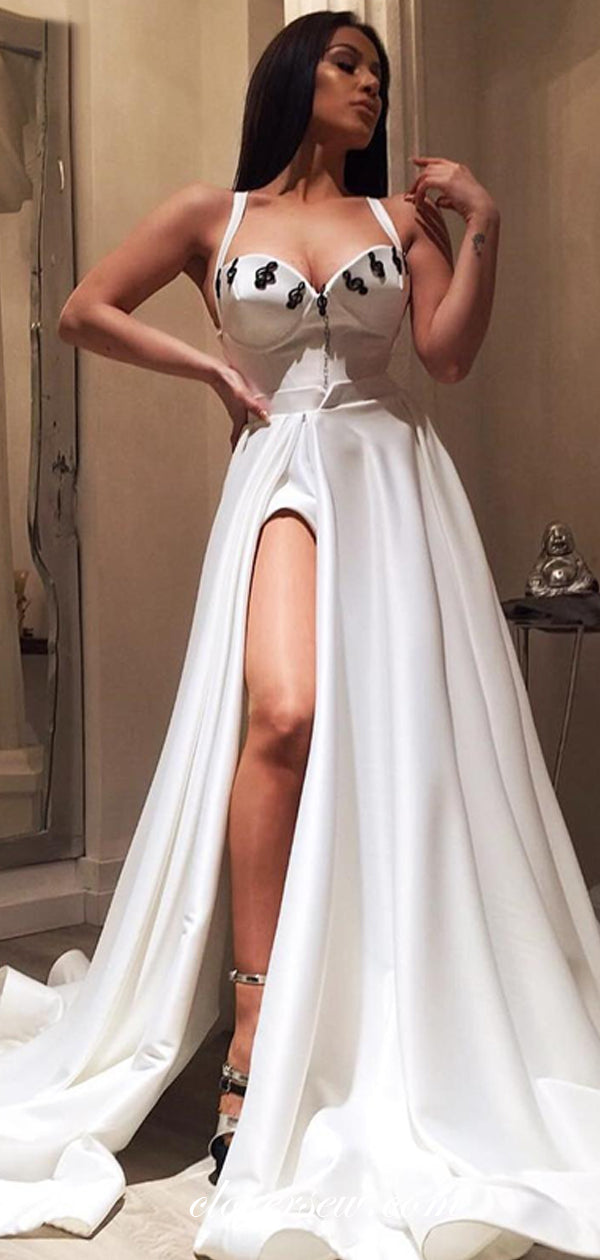 Off White Satin Black Applique High Slit Prom Dresses, CP0507