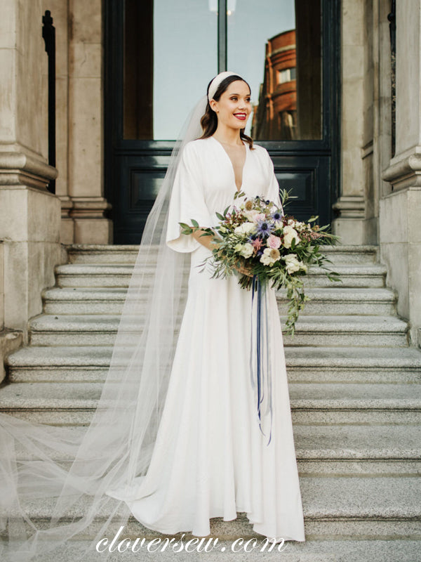 Off White Satin Chiffon Half Sleeves Boho Wedding Dresses, CW0237 – clover sew