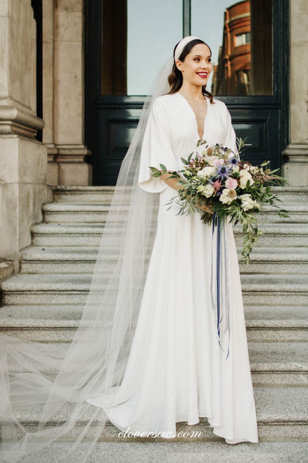 Off White Satin Chiffon Half Sleeves Boho Wedding Dresses, CW0237