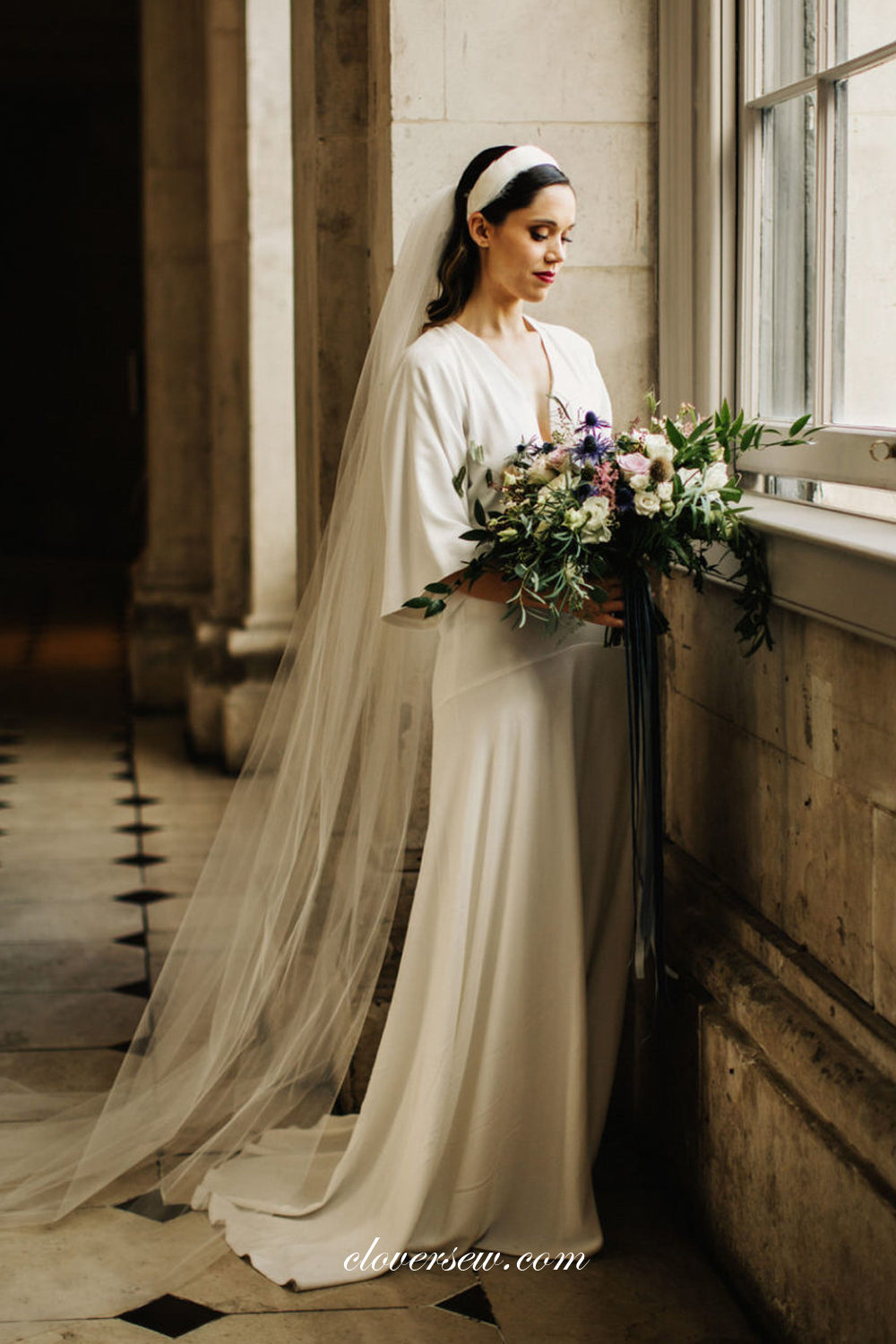 Off White Satin Chiffon Half Sleeves Boho Wedding Dresses, CW0237