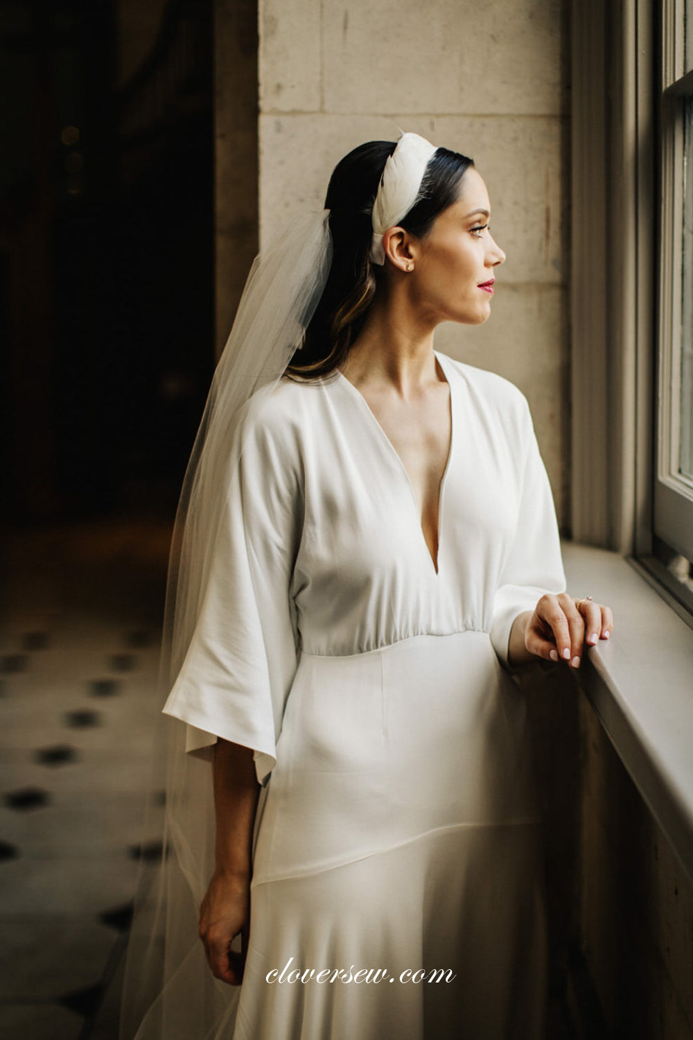 Off White Satin Chiffon Half Sleeves Boho Wedding Dresses, CW0237