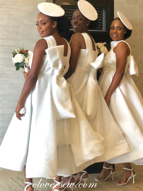 Off White Satin High Neck With Bowknot Ankle Length Bridesmaid Dresses clover sew Off White Satin High Neck With Bowknot Ankle Length Bridesmaid Dresses clover sew