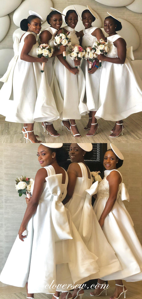 Off White Satin High Neck With Bowknot Ankle Length Bridesmaid Dresses,CB0130