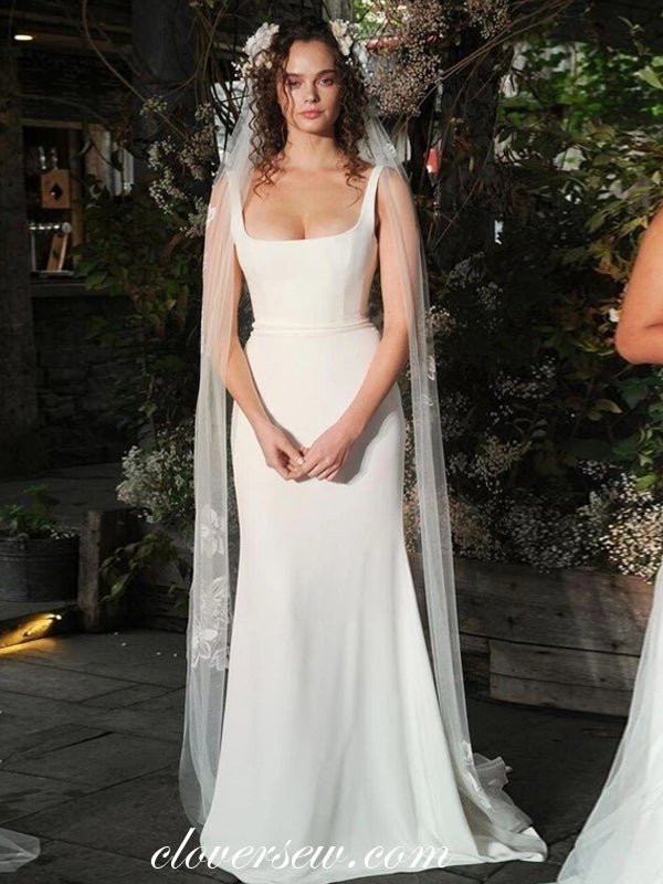 Off White Satin Scoop Neck Sheath Wedding Dresses, CW0195 US8 / Custom Color(leaving a note)
