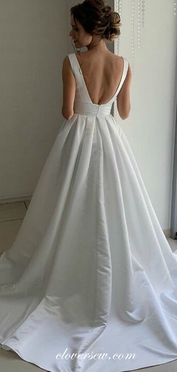 Off White Satin V-neck Backless A-line Wedding Dresses ,CW0126