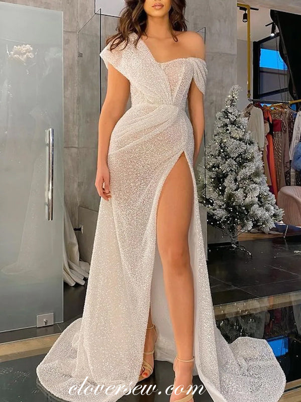 Off White Sequin Shiny Fashion Sheath With High Slit Evening Dresses, clover sew Off White Sequin Shiny Fashion Sheath With High Slit Evening Dresses, clover sew
