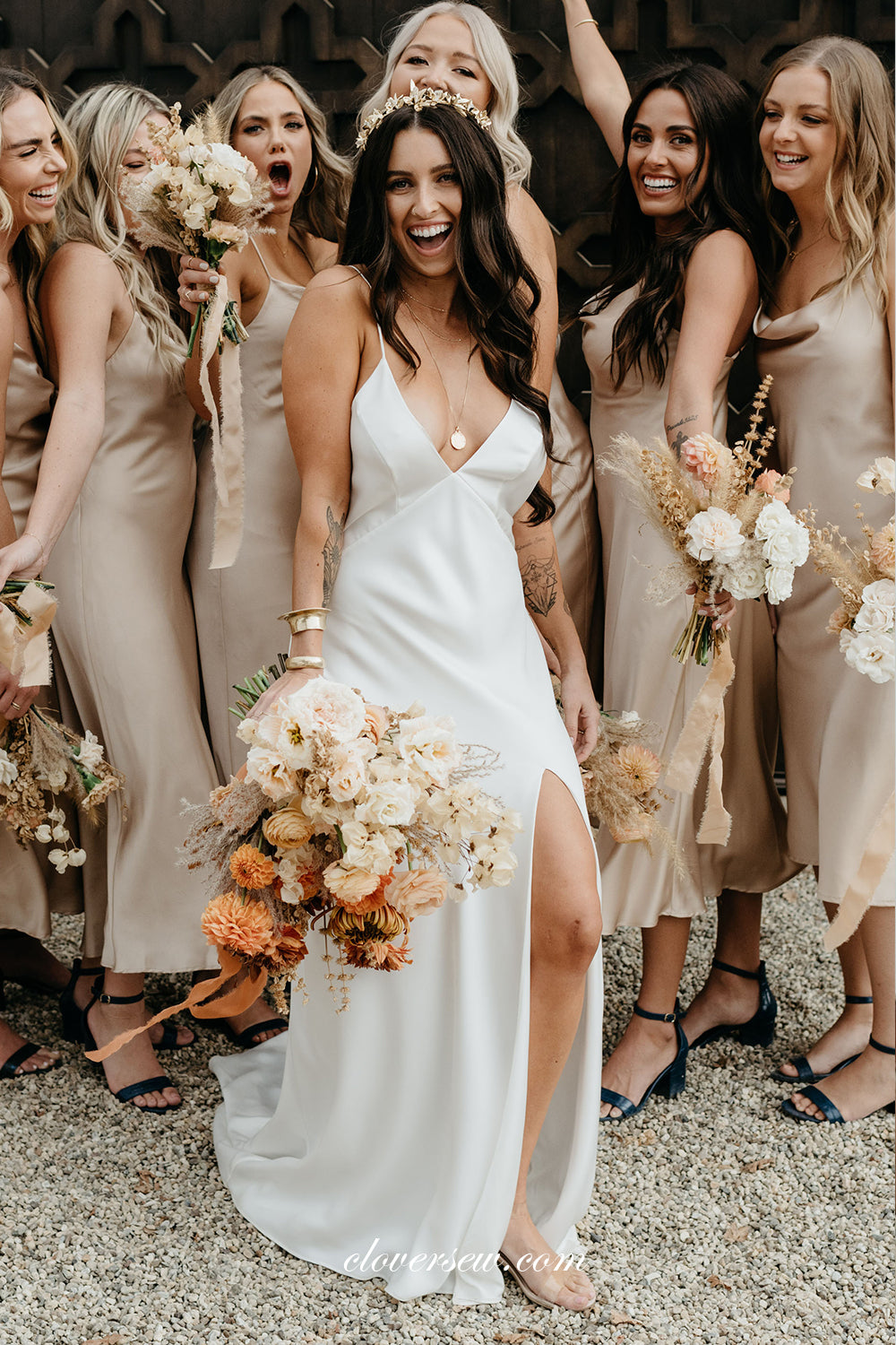 Off White V-neck Spaghetti Strap Side Slit Sheath Wedding Dresses, CW0261